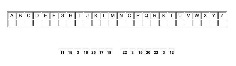 Cryptogram, with a blank answer key above and a series of letters below