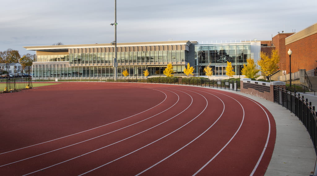 A view of the Ruane Friar Development Center from the Ray Treacy Track